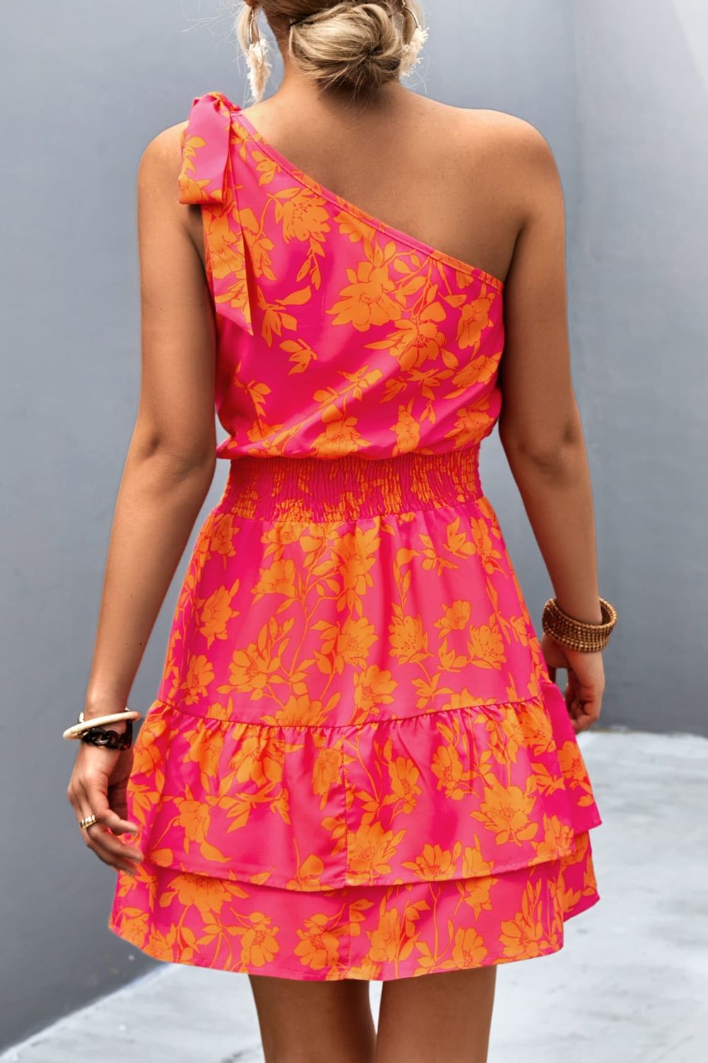 Tied Smocked Floral Single Shoulder Dress