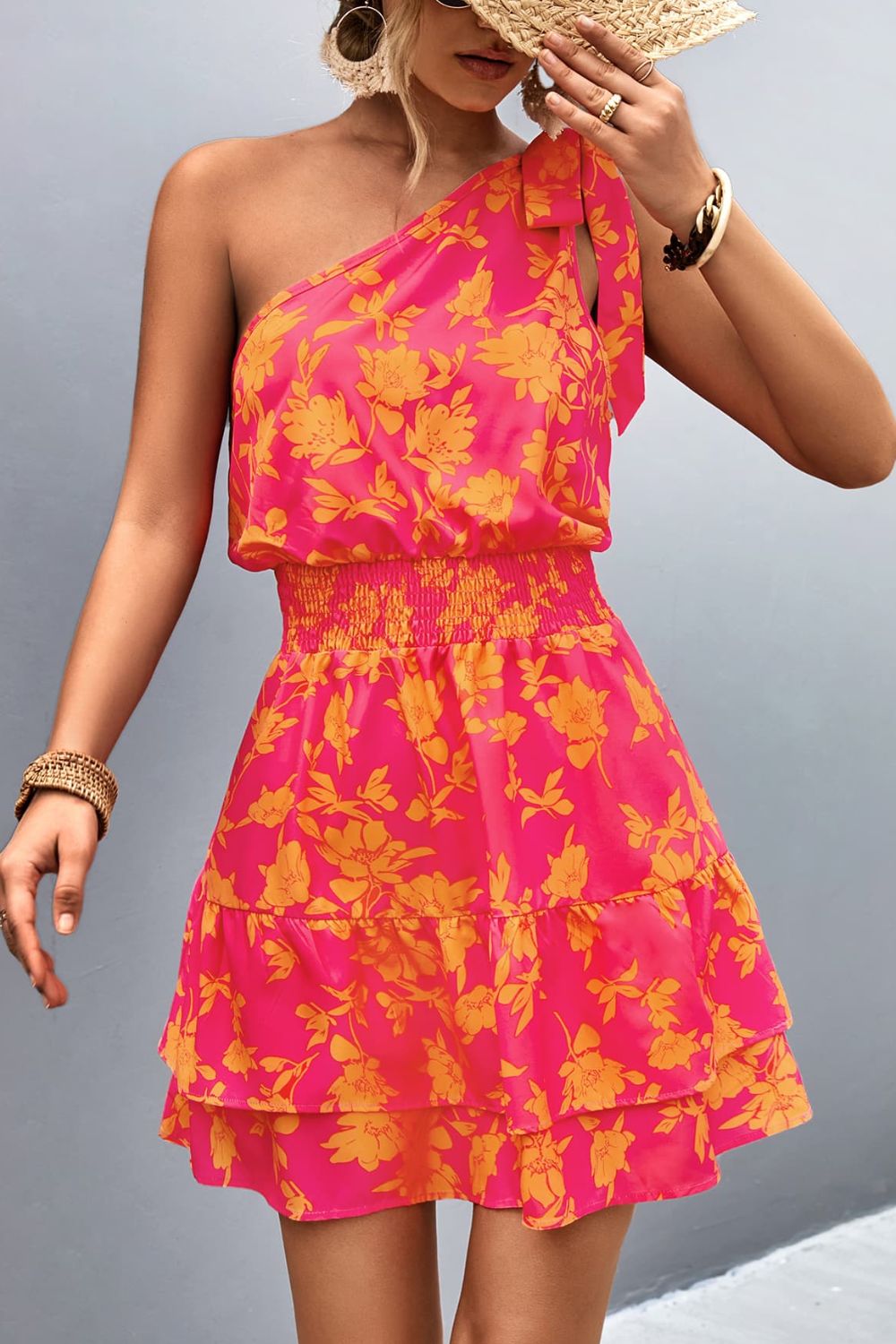 Tied Smocked Floral Single Shoulder Dress