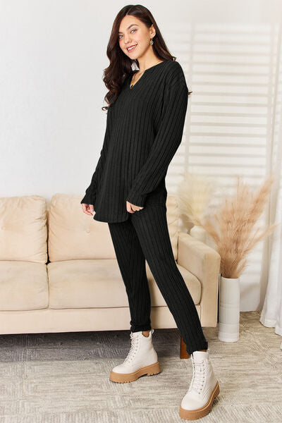 Basic Notched Long Sleeve Top and Pants Set