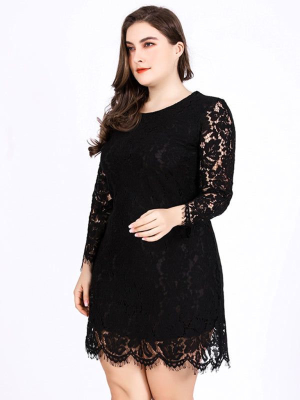 Women’s Solid Color Embroidered Lace Overlay Three Quarter Midi Dress