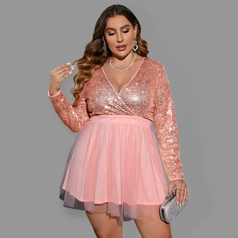 V Neck Long Sleeve Sequin And Mesh Minidress