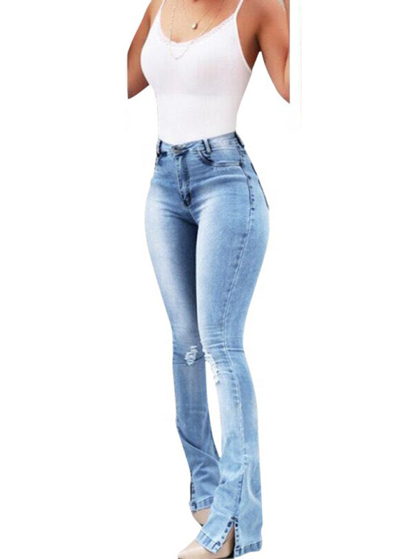 Women's High Waist Slit Hem Flare Jeans