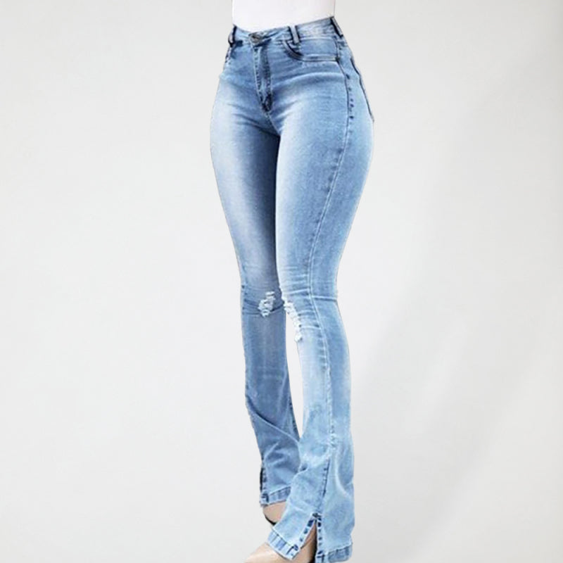 Women's High Waist Slit Hem Flare Jeans