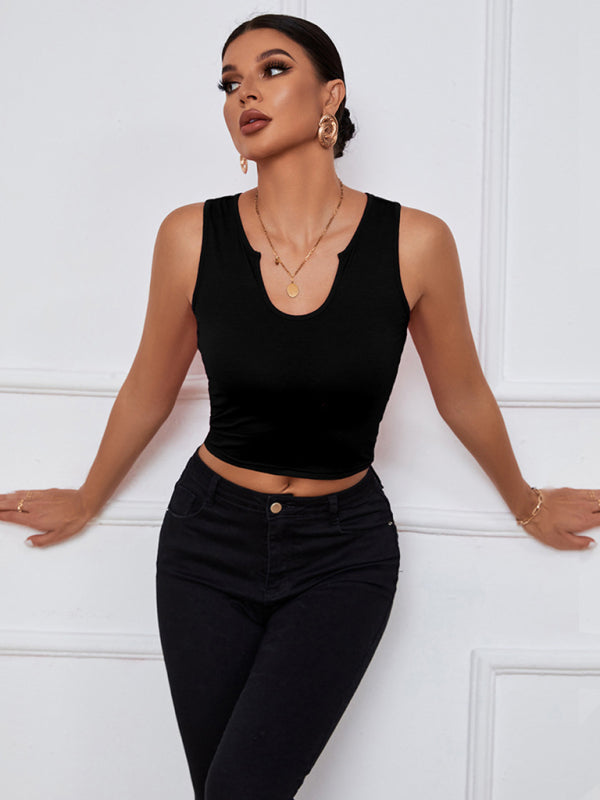 Women's Y-neckline Cropped Henley Tank Top