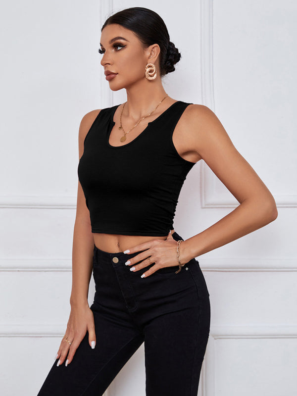 Women's Y-neckline Cropped Henley Tank Top