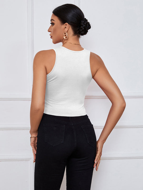 Women's Y-neckline Cropped Henley Tank Top