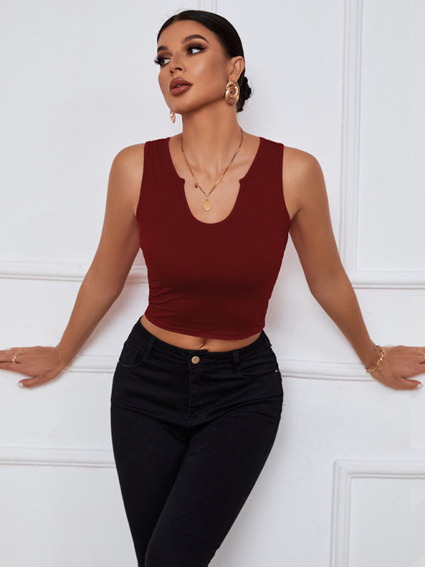 Women's Y-neckline Cropped Henley Tank Top