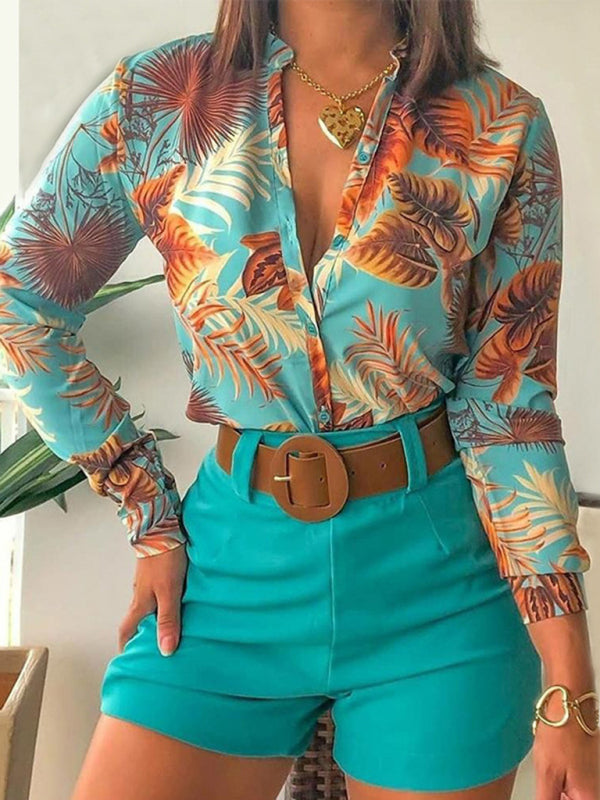 Women's Printed Stand Collar V-neck Long Sleeve Shirt Top With Belted Shorts Set