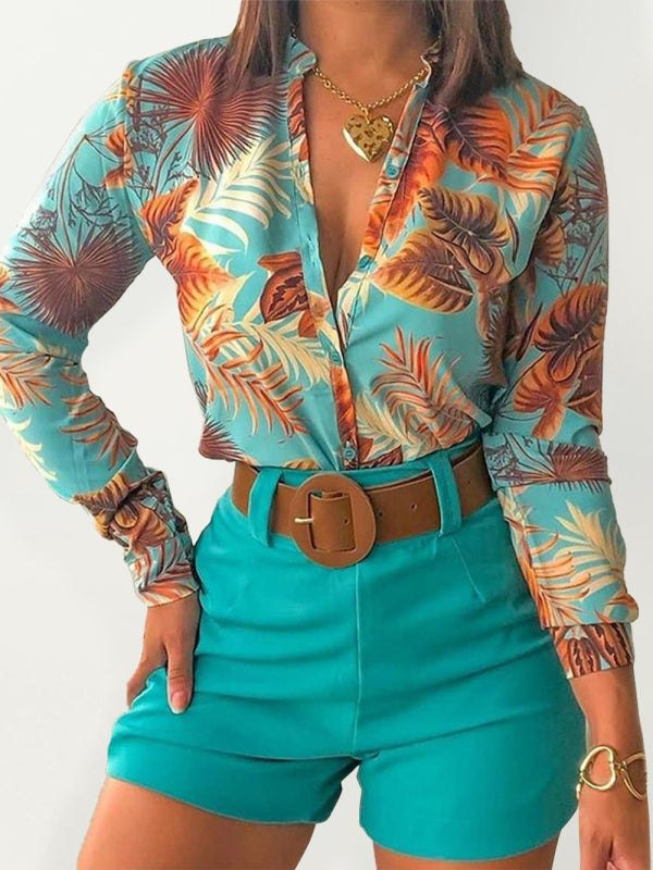 Women's Printed Stand Collar V-neck Long Sleeve Shirt Top With Belted Shorts Set