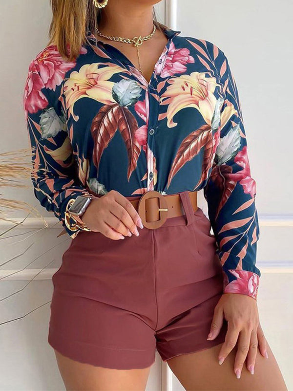 Women's Printed Stand Collar V-neck Long Sleeve Shirt Top With Belted Shorts Set