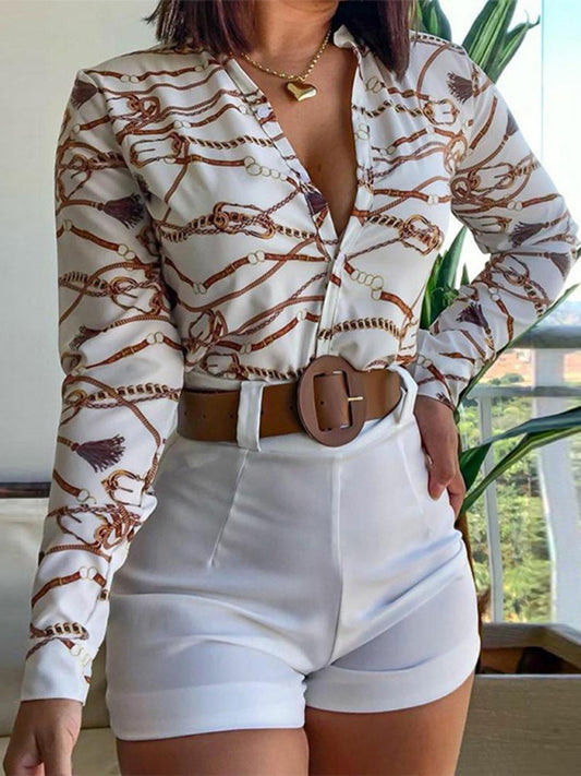 Women's Printed Stand Collar V-neck Long Sleeve Shirt Top With Belted Shorts Set