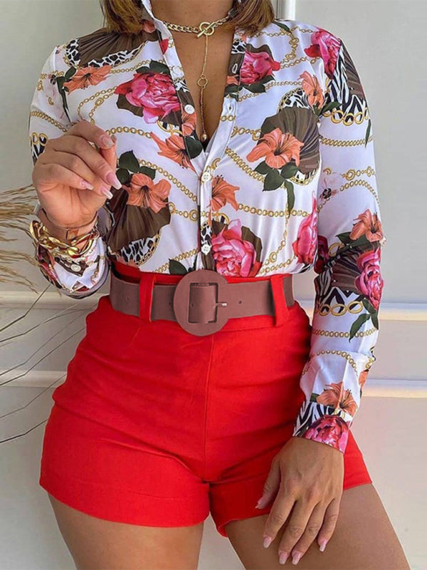 Women's Printed Stand Collar V-neck Long Sleeve Shirt Top With Belted Shorts Set