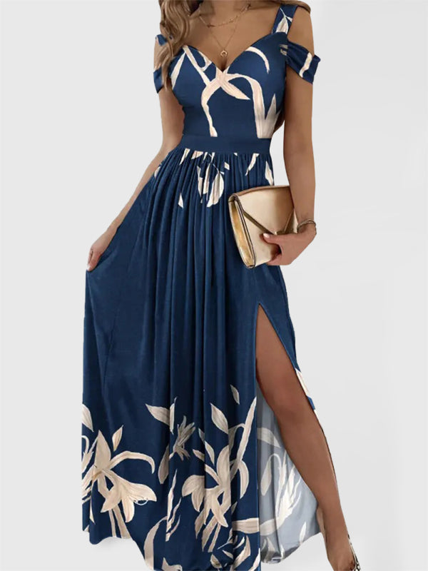 Women's long dress printed V-neck sleeveless sexy slit dress