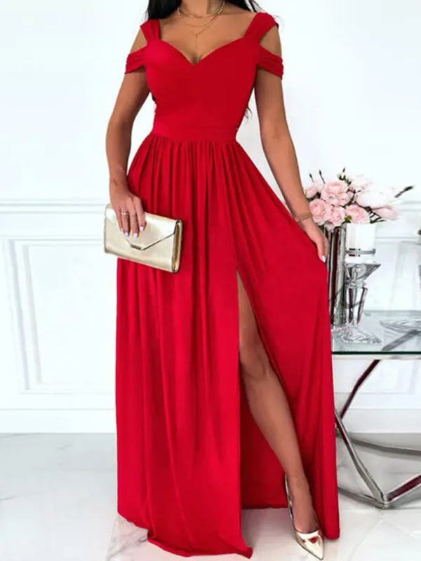 Women's long dress printed V-neck sleeveless sexy slit dress