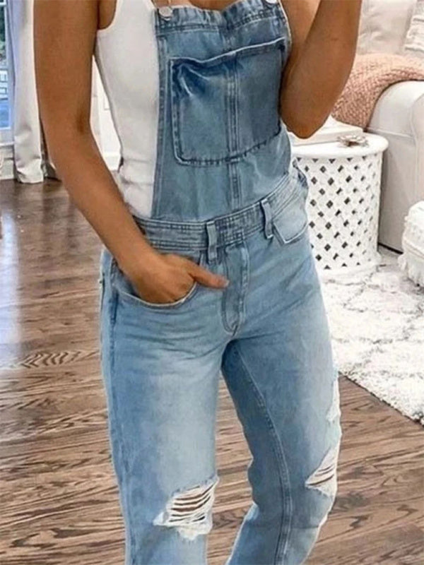 Women's Ripped Skinny Denim Overalls