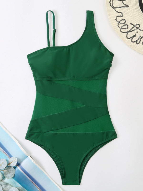 Women's Solid Color One-Shoulder One-Piece Swimsuit