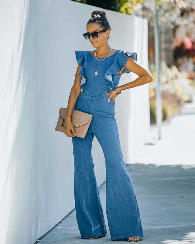 Women's Denim Slim Fit Ruffle Flared Jumpsuit