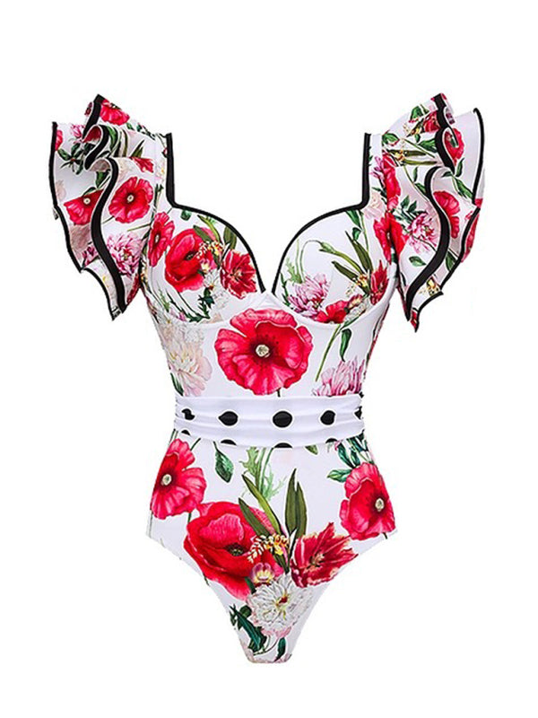 Sexy floral print one-piece swimsuit, skirt (single piece)