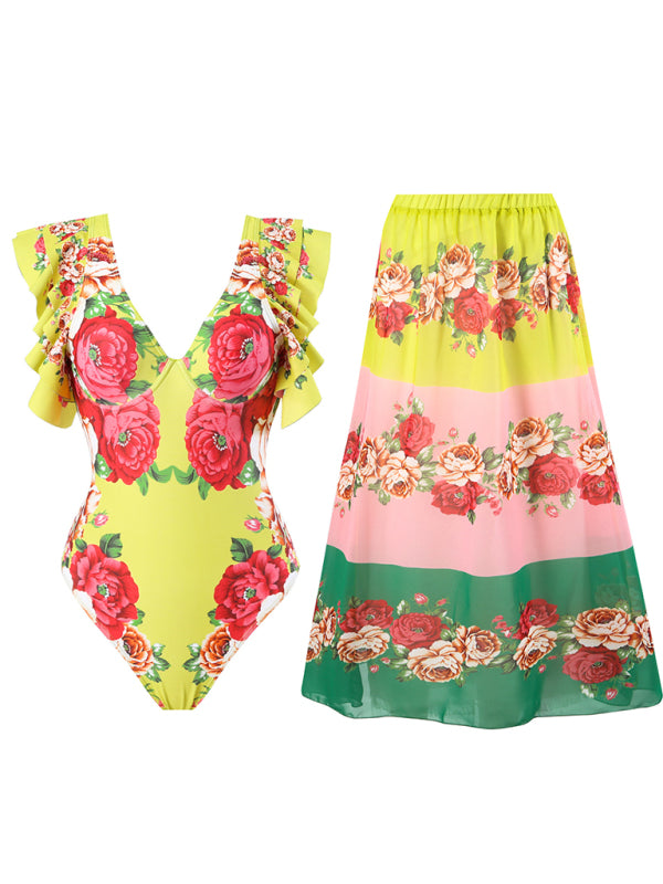 Sexy floral print one-piece swimsuit, skirt (single piece)