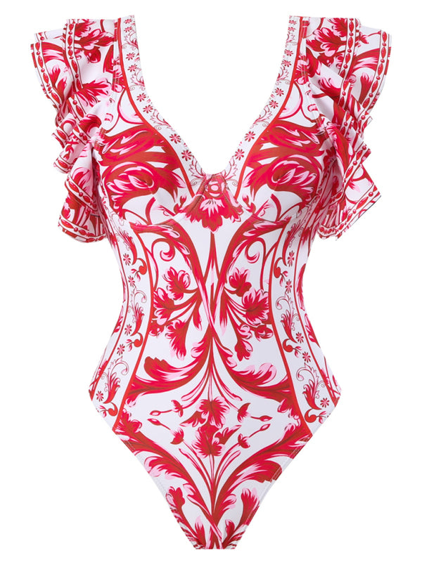 Sexy floral print one-piece swimsuit, skirt (single piece)