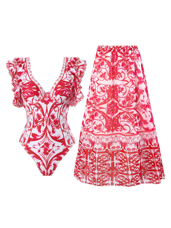 Sexy floral print one-piece swimsuit, skirt (single piece)