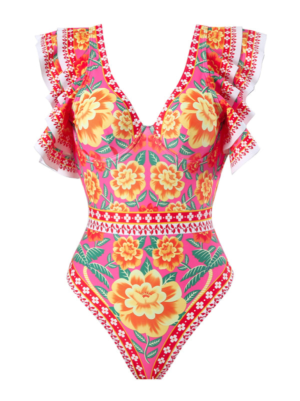 Sexy floral print one-piece swimsuit, skirt (single piece)