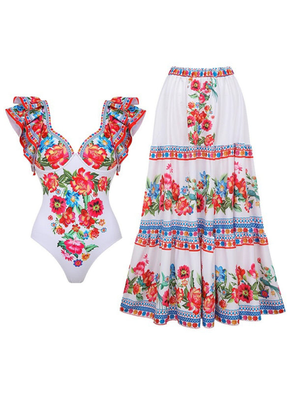 Sexy floral print one-piece swimsuit, skirt (single piece)