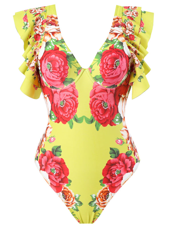 Sexy floral print one-piece swimsuit, skirt (single piece)